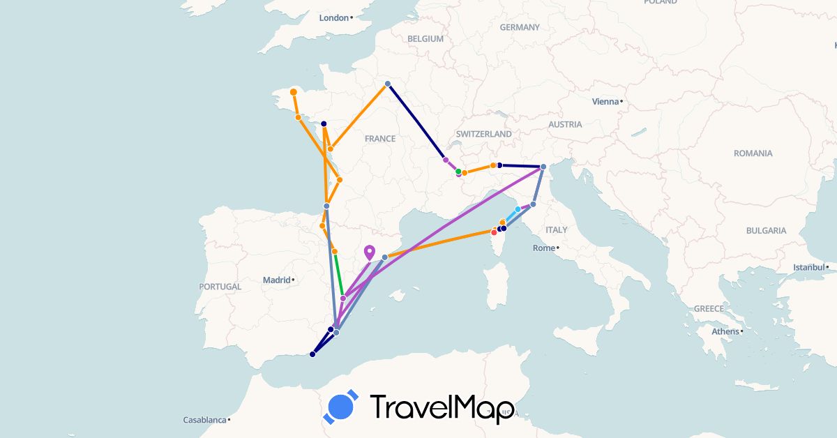 TravelMap itinerary: driving, bus, plane, cycling, train, hiking, boat, hitchhiking in Spain, France, Italy (Europe)